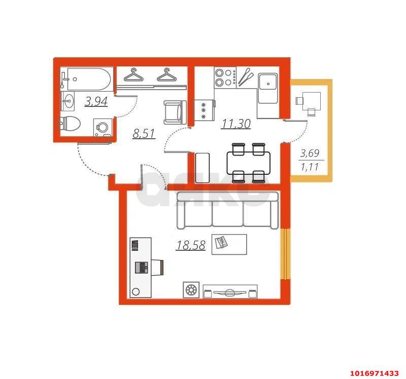 Фото №8: 1-комнатная квартира 44 м² - Краснодар, Западный внутригородской округ, ЖК Заря, мкр. Фестивальный, ул. Монтажников, 1/2