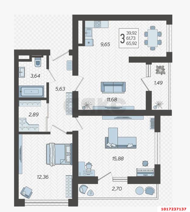 Фото №5: 3-комнатная квартира 70 м² - Сочи, Хостинский, жилой комплекс Кислород, мкр. Бытха, ул. Ясногорская, 16/2 к12
