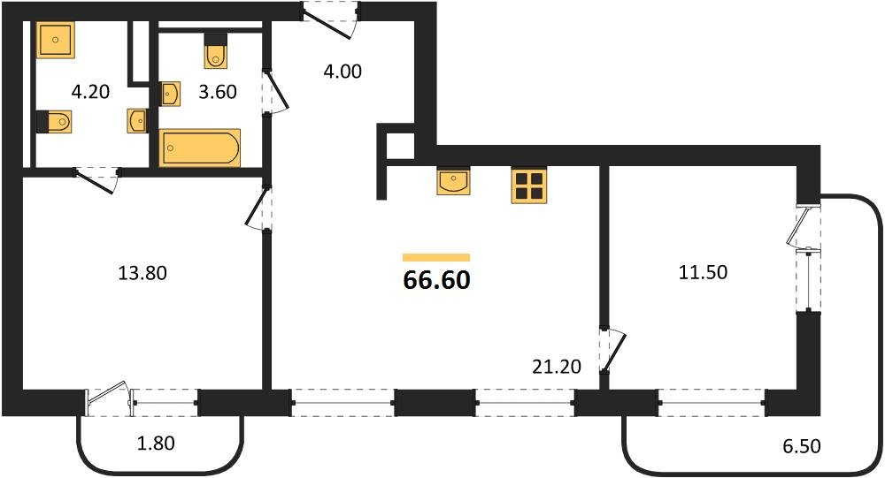 Фото №1: 2-комнатная квартира 66 м² - Краснодар, мкр. Прикубанский внутригородской округ
