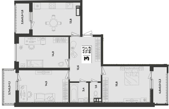Фото №1: 3-комнатная квартира 80 м² - Краснодар, Прикубанский внутригородской округ, мкр. жилой комплекс Зелёная Территория
