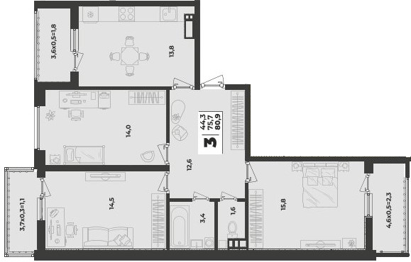 Фото №1: 3-комнатная квартира 80 м² - Краснодар, Прикубанский внутригородской округ, мкр. жилой комплекс Зелёная Территория