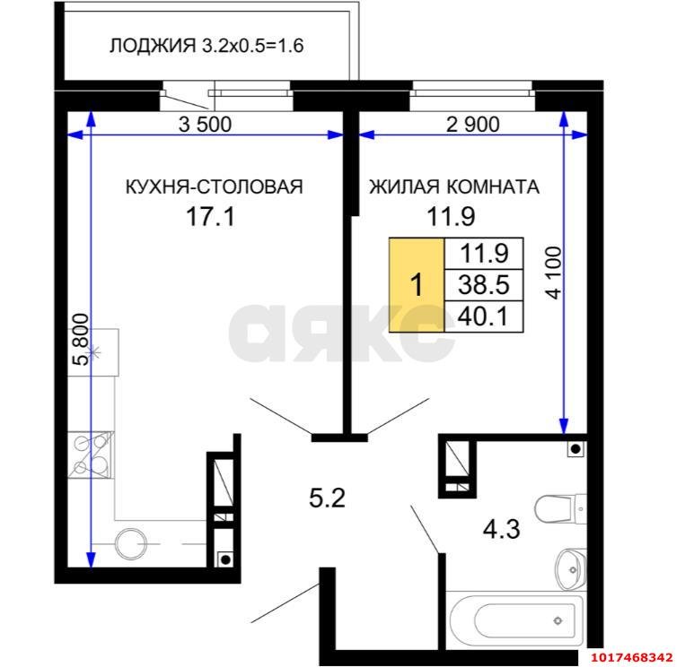 Фото №5: 1-комнатная квартира 38 м², 13/16 эт. - Краснодар, Прикубанский внутригородской округ, мкр. жилой комплекс Дыхание, ул. Лётчика Позднякова, 2к25