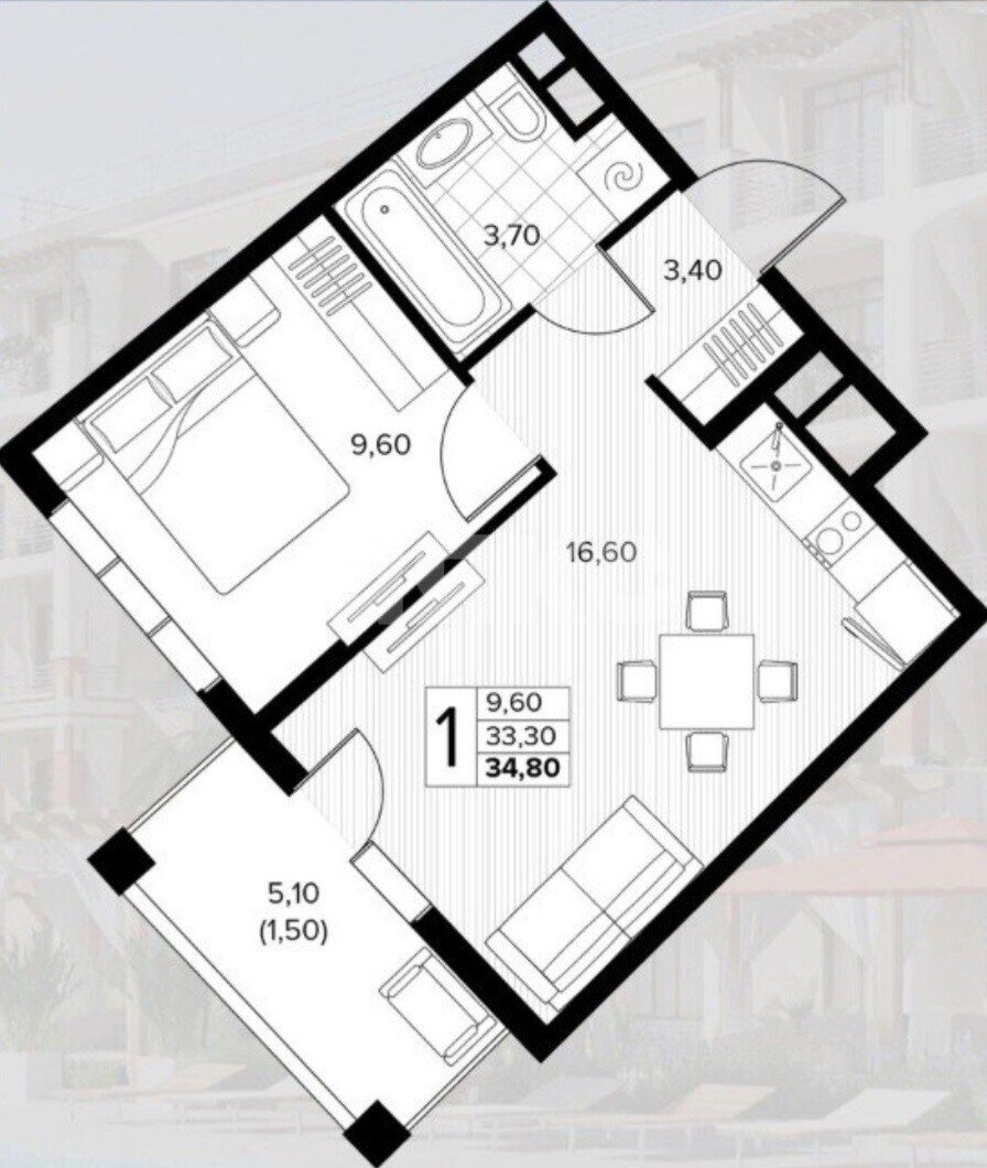 Фото №8: 1-комнатная квартира <span class="whitespace-nowrap">37 м²</span>, <span class="whitespace-nowrap">8/8 эт.</span> - Сукко, мкр. жилой комплекс Кипарис
