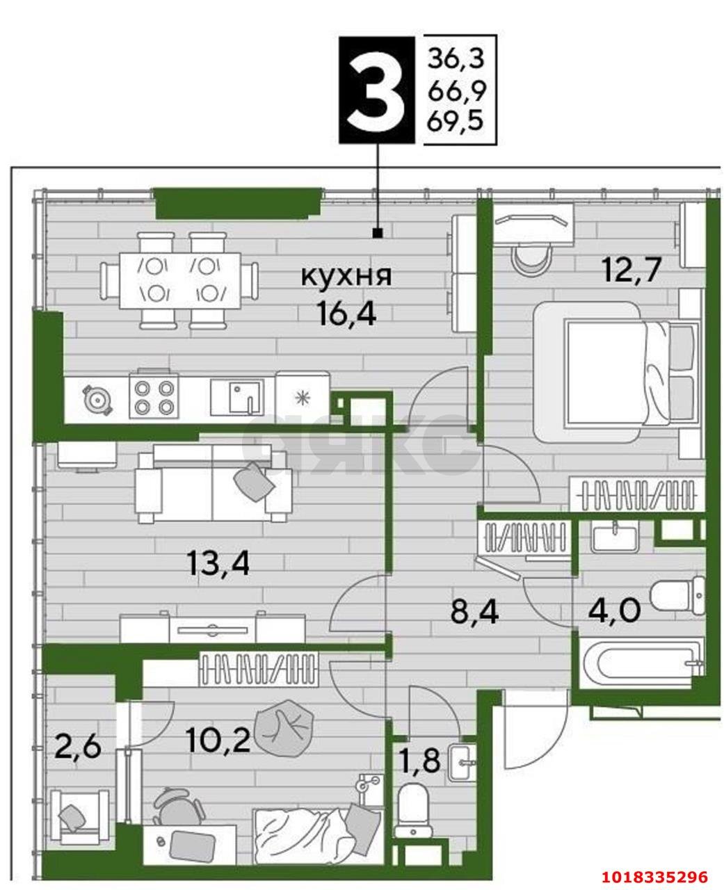 Фото №27: 3-комнатная квартира <span class="whitespace-nowrap">70 м²</span>, <span class="whitespace-nowrap">5/16 эт.</span> - Краснодар, Прикубанский внутригородской округ, мкр. Догма Парк, ул. Марины Цветаевой, 1
