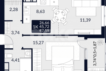 Фото №1: 1-комнатная квартира 47 м² - Майкоп, ул. Лесная, 1