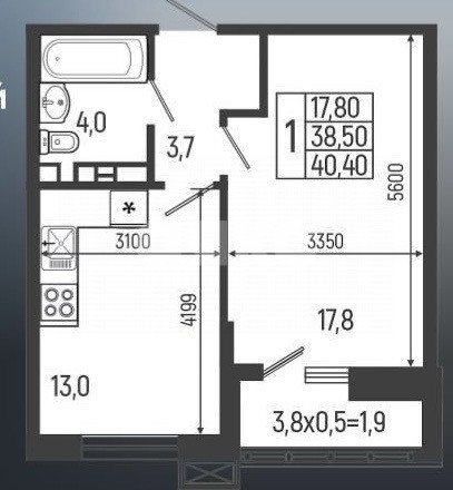 Фото №3: 1-комнатная квартира 40 м² - Майкоп, ул. К.А. Васильева, 2к4