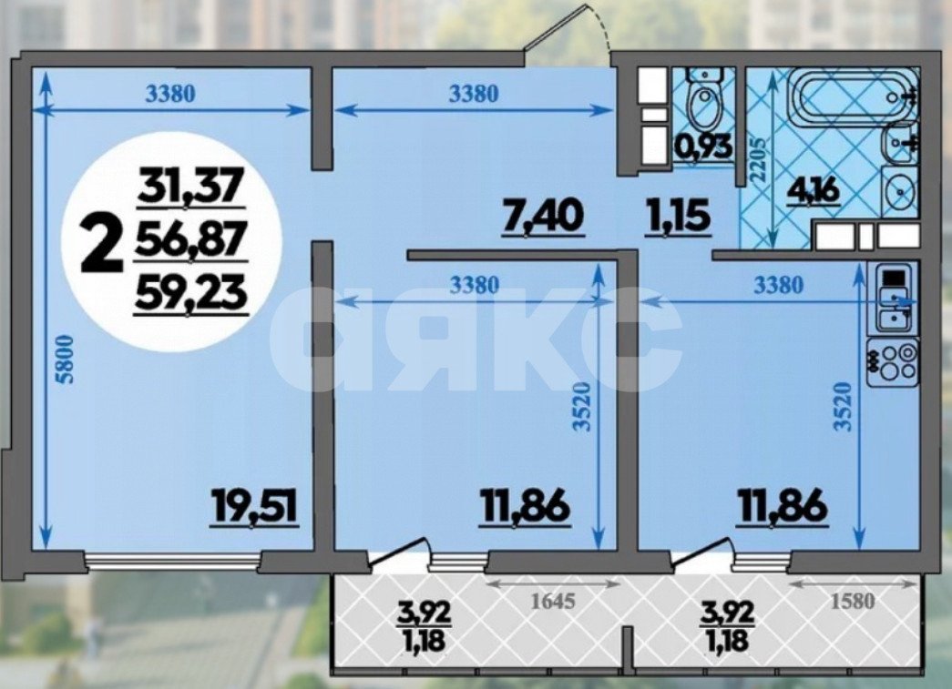 Фото №23: 2-комнатная квартира 59 м² - Майкоп, ул. Олега Цокова, 3