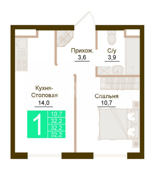Фото №8: 1-комнатная квартира 32 м² - Молодёжное, ул. Парковая, уч5