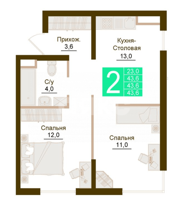 Фото №8: 2-комнатная квартира 43 м² - Молодёжное, ул. Парковая, уч5