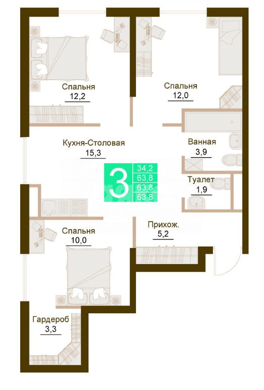 Фото №8: 3-комнатная квартира 63 м² - Молодёжное, ул. Парковая, уч5